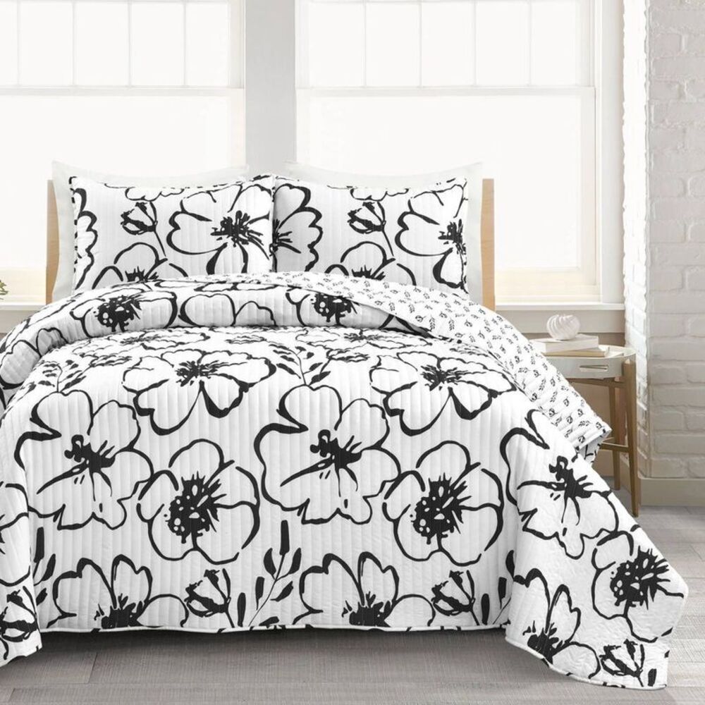 Lush Decor - Full/Queen 3pc Scandinavian Floral Quilt Set Black Black